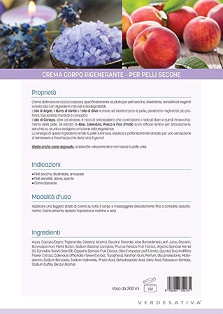 Crema corpo rigenerante per pelle secca - disidratata, sensibile ed esigente. Ideale come doposole - Bio e Vegan - Cruelty Free - Nickel tested - 200 ml - Verdesativa