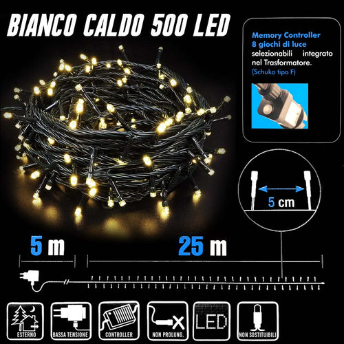 Catena Luminosa 500 LED Mini Lucciole Bianco Caldo 8 Funzioni Interno Esterno