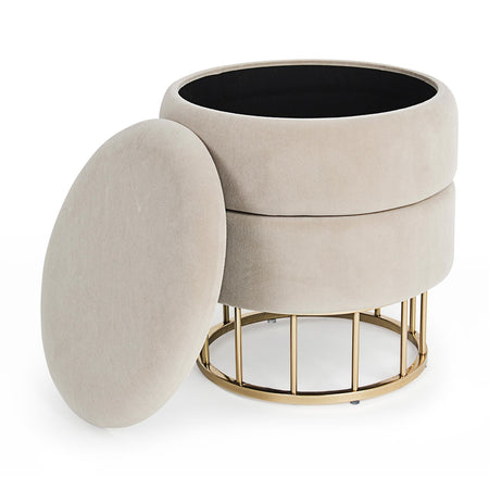 Pouf contenitore tondo con piede ottone "Pavlina" seduta in velluto arredamento moderno