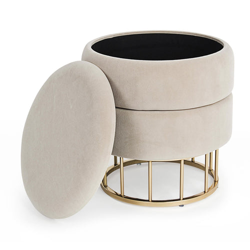 Pouf contenitore tondo con piede ottone Pavlina seduta in velluto arredamento moderno