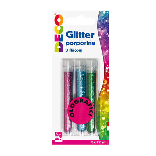 Blister Glitter 3 Flaconi Grana Fine 12Ml Colori Assortiti Olografici Deco