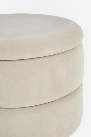 Pouf contenitore tondo con piede ottone "Pavlina" seduta in velluto arredamento moderno