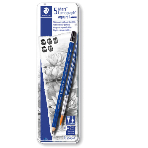 Astuccio Metallo 5 Matite+Pennello Mars Lumograph Acquerell. 3 Grad.Staedtler