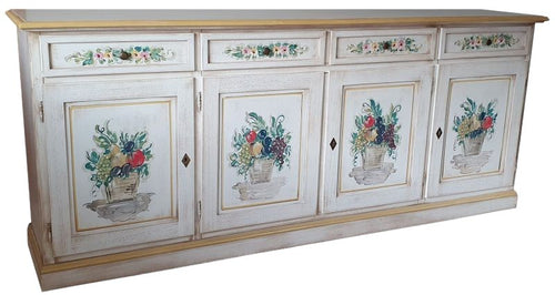 MOBILI 2G - Credenza 4 porte legno shabby bianco anticato decori ocra 205X42X86
