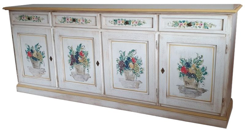 MOBILI 2G - Credenza 4 porte legno shabby bianco anticato decori ocra 205X42X86