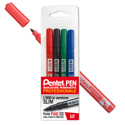 Astuccio 4 Marcatori N50 Slim Colori Assortiti Punta Tonda 3,18Mm Pentel