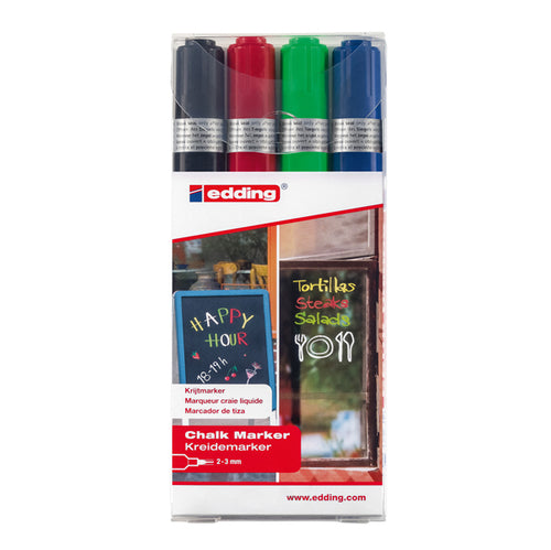 Astuccio 4 Marcatore Edding 4095 Punta Conica Gesso Liquido Col.Assortiti