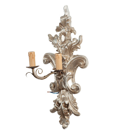 Biscottini Lampada Applique Shabby in legno e ferro finitura foglia argento anticato Made In Italy