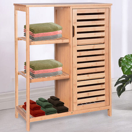 Mobiletto da Bagno in Legno 3Ripiani 1Anta Colore Naturale Multiuso 66x37 H87 cm