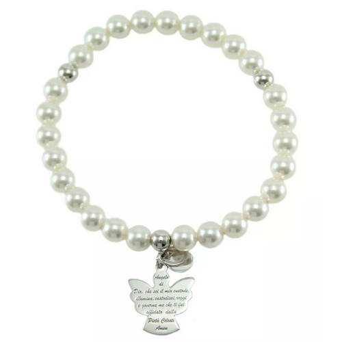 Bracciale Elastico Donna in Argento 925 con Perline e Pendente Angelo con Preghiera - I Giampini