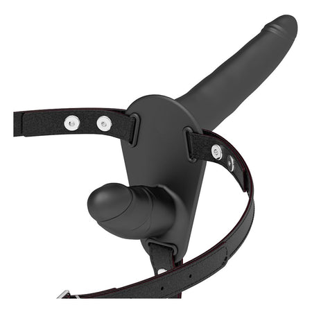 Strap on da donna con doppio dildo interno esterno in silicone nero e cinturino regolabile