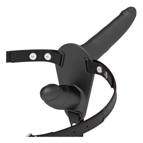 Strap on da donna con doppio dildo interno esterno in silicone nero e cinturino regolabile