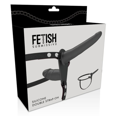 Strap on da donna con doppio dildo interno esterno in silicone nero e cinturino regolabile