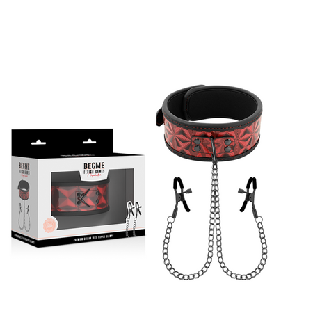 BEGME collare con pinze per capezzoli fetish in morbido neoprene colore rosso e nero