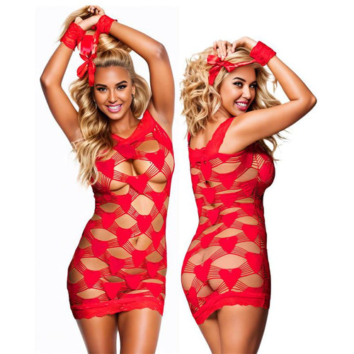 ADALET LINGERIE Abito Emilie con cuori rossi a rete e polsiere taglia SM