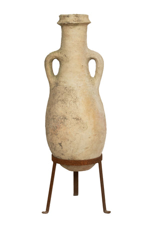 Biscottini Vecchia anfora giara con manici in terracotta e base portavasi in ferro