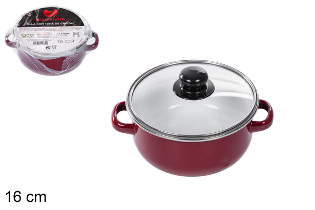 Pentola Rossa con Coperchio in Vetro 16cm