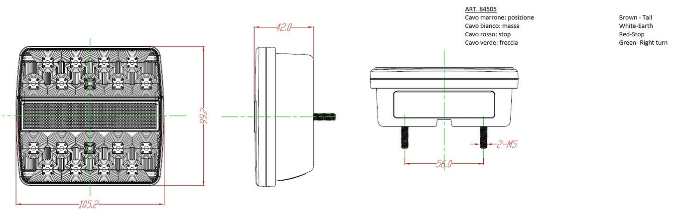 Fanale posteriore dx a LED 12V dimensioni 105,2x42x99,2mm