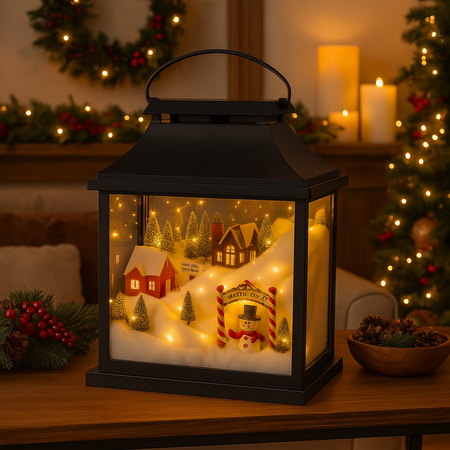 Lanterna in metallo con scena natalizia con luci Led per decorazione ambiente