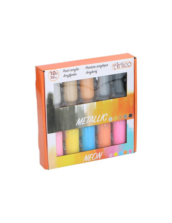 Artico - Set of neon / metallic acrylic paints in tubes 30 ml