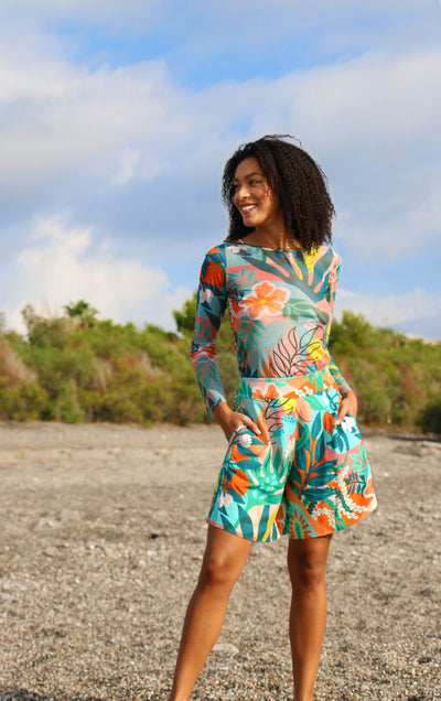Pantaloni Bermuda Donna Stampa Jungle Vita Alta Pantaloncini Multicolor Sikeluna