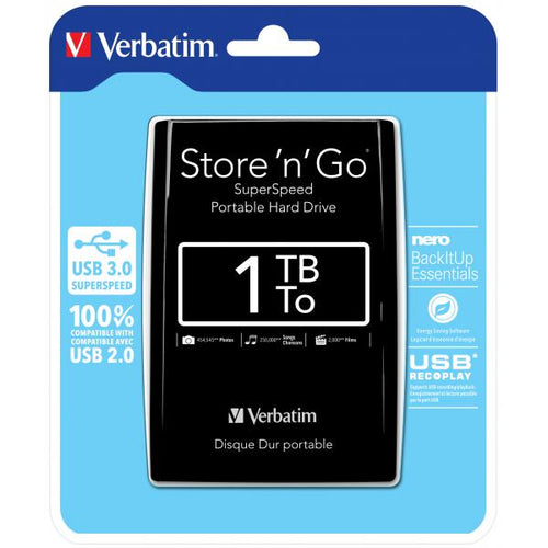 Verbatim Disco rigido portatile Store 'n' Go USB 3.0 da 1 TB Nero (1TB Verbatim Store 'n' Go 2.5 inch USB 3.0 Black HDD)