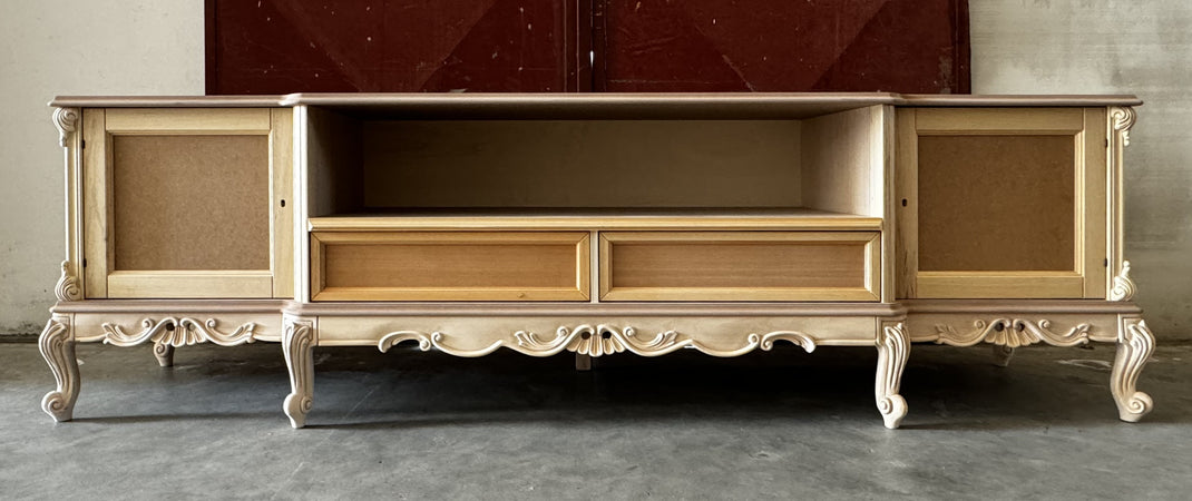 MOBILI 2G - Porta tv 2 ante 2 cassetti classico barocco Legno grezzo 258x60x76