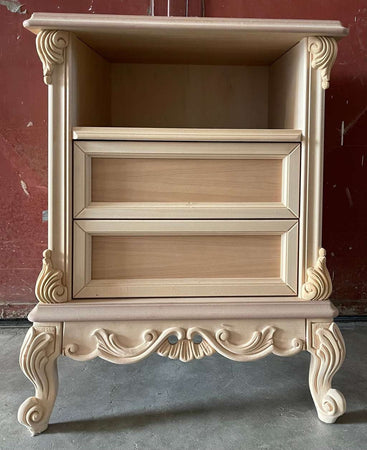 MOBILI 2G - Comodino 2 cassetti 1 vano classico barocco Legno grezzo 57x42x71
