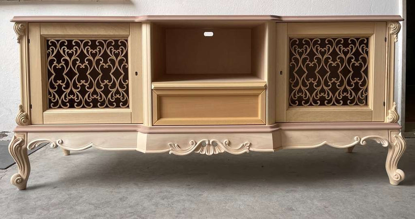 MOBILI 2G - Porta tv 2 ante 1 cassetto classico barocco Legno grezzo incisa 174x60x76