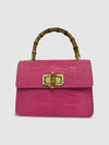 DOPPIASE Borsa in Vera Pelle Cocco Stampato con Manico in Bamboo 22x15x7cm