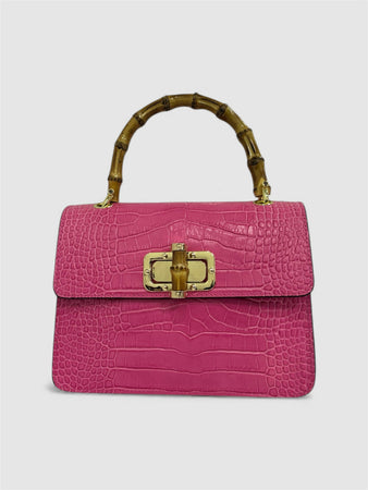 DOPPIASE Borsa in Vera Pelle Cocco Stampato con Manico in Bamboo 22x15x7cm