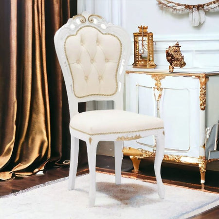 Sedia shabby legno capitoneè imbottita ecopelle beige oro 56x50x110