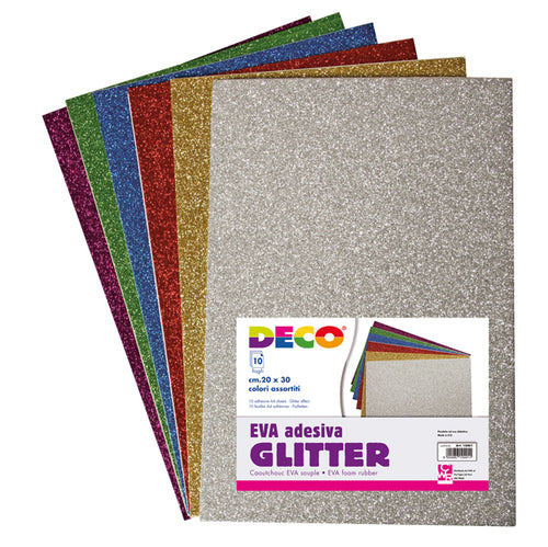 Busta 10 Fogli 20X30Cm Gomma Crepp Glitter Adesiva Colori Assortiti Deco