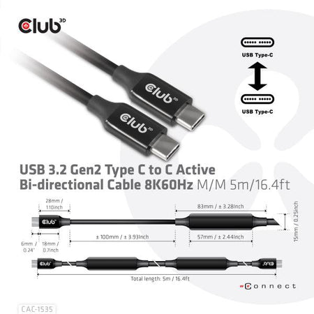 CLUB3D CAVO USB TYPE C 3.2 GEN 2 M-M 5M/15FT SUPPORTS UP TO 10Gbps/8K 60Hz/60Watt