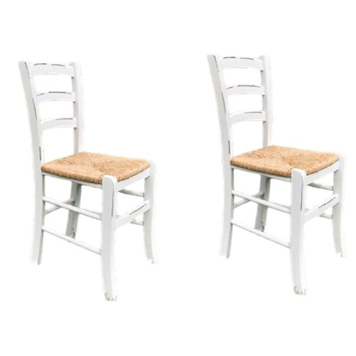 MOBILI 2G - Set 2 sedie legno shabby bianco consumato seduta paglia 43x46x89