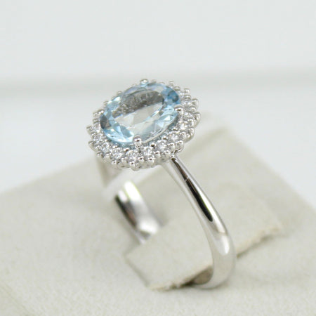 Anello donna classico Mirco Visconti in oro bianco con acquamarina e diamanti