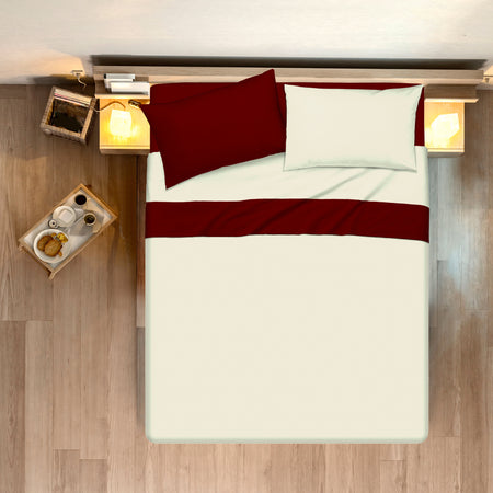 Completo letto lenzuola bicolor in 100% cotone made in Italy NATURALE/BORDEAUX