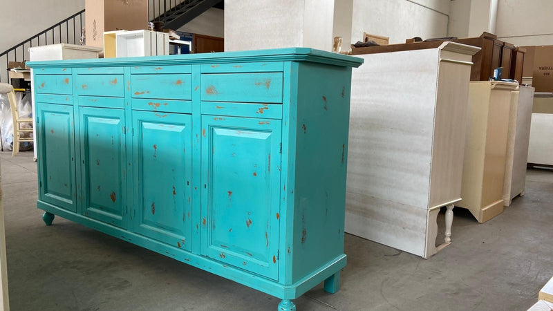 MOBILI 2G - Cristalliera 4 porte legno shabby azzurro consumato 196X43X208