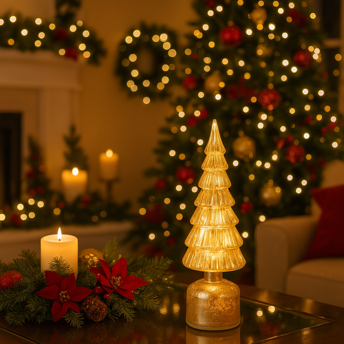 Albero decorativo in vetro color oro con luci Led a batteria per decorazione natalizie