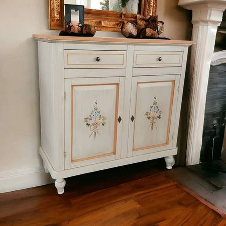 MOBILI 2G - MADIA CREDENZA 2 PORTE AVORIO PATINATO SHABBY CON DECORI 104X43X98
