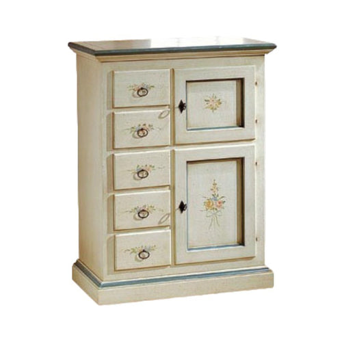 Credenza dispensa 2 porte 5 cassetti shabby bianco patinato decori 75x40x100 (1329)