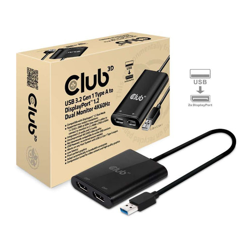 Club3d usb3.2 gen1 type a to displayport™1.2 dual monitor 4k60hz video splitter - CSV-1477