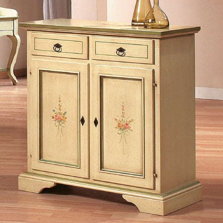 MOBILI 2G - Credenza 2 porte 2 cassetti Legno shabby avorio patinato filo verde 90x40x94 (1331)