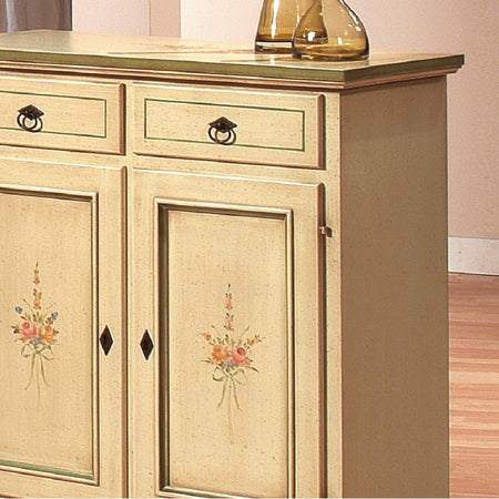 MOBILI 2G - Credenza 2 porte 2 cassetti Legno shabby avorio patinato filo verde 90x40x94 (1331)