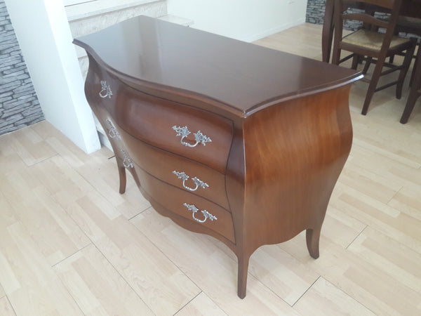 MOBILI 2G - Comò classico bombato legno 3 cassetti tinta noce 105x42x85
