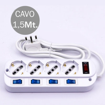 V-TAC Multipresa con Cavo 1,5m 4 Prese 10/16A 2P T Bipasso Schuko a 45 con Interruttore Generale e 4 Singoli Spina 16A 2P+T
