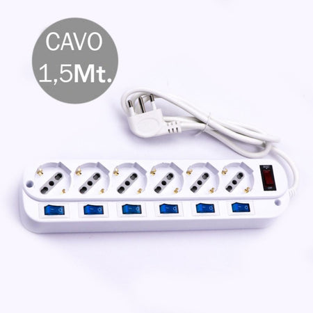 V-TAC Multipresa con Cavo 1,5m 6 Prese 10/16A 2P+T Bipasso + Schuko a 45 Interruttore Generale 6 Singoli Spina 16A 2P+T