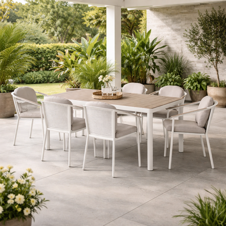 Set tavolo "Ulises" con sedie in alluminio verniciato per interni ed esterni