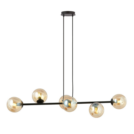 Lampadario Contemporaneo 6 Luci Rossi In Acciaio Nero E Sfere In Vetro Ambra