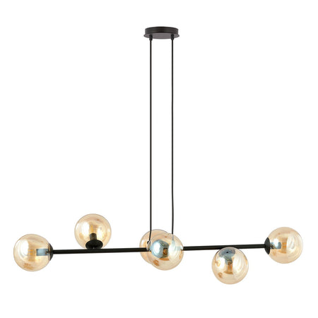Lampadario Contemporaneo 6 Luci Rossi In Acciaio Nero E Sfere In Vetro Ambra